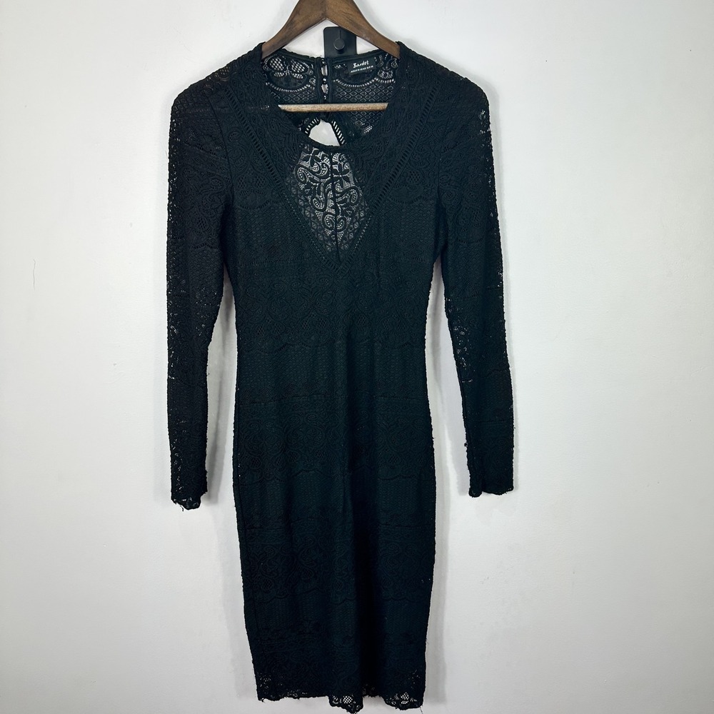 Bardot Black Lace Dress S Open Back Long Sleeve Bodycon‎ Gothic Cocktail Party